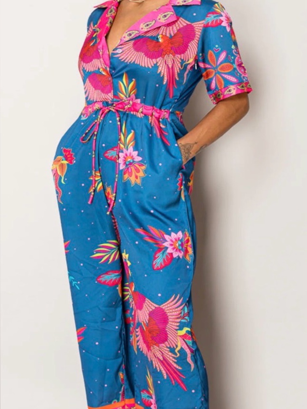 🌺 Endless Moon Tropical Bird Print Wide-Leg Jumpsuit NWT – Resort Vacation